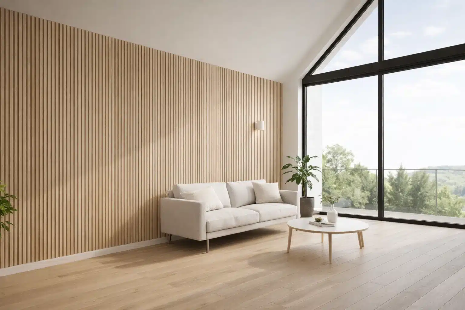 Interiørfoto af stue med akustikpaneler i lys eg og skandinavisk design.