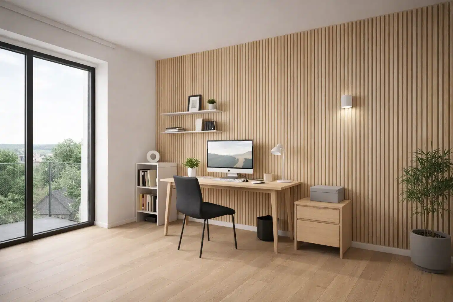 Interiørfoto af hjemmekontor med akustikpaneler i lys eg og skandinavisk design.