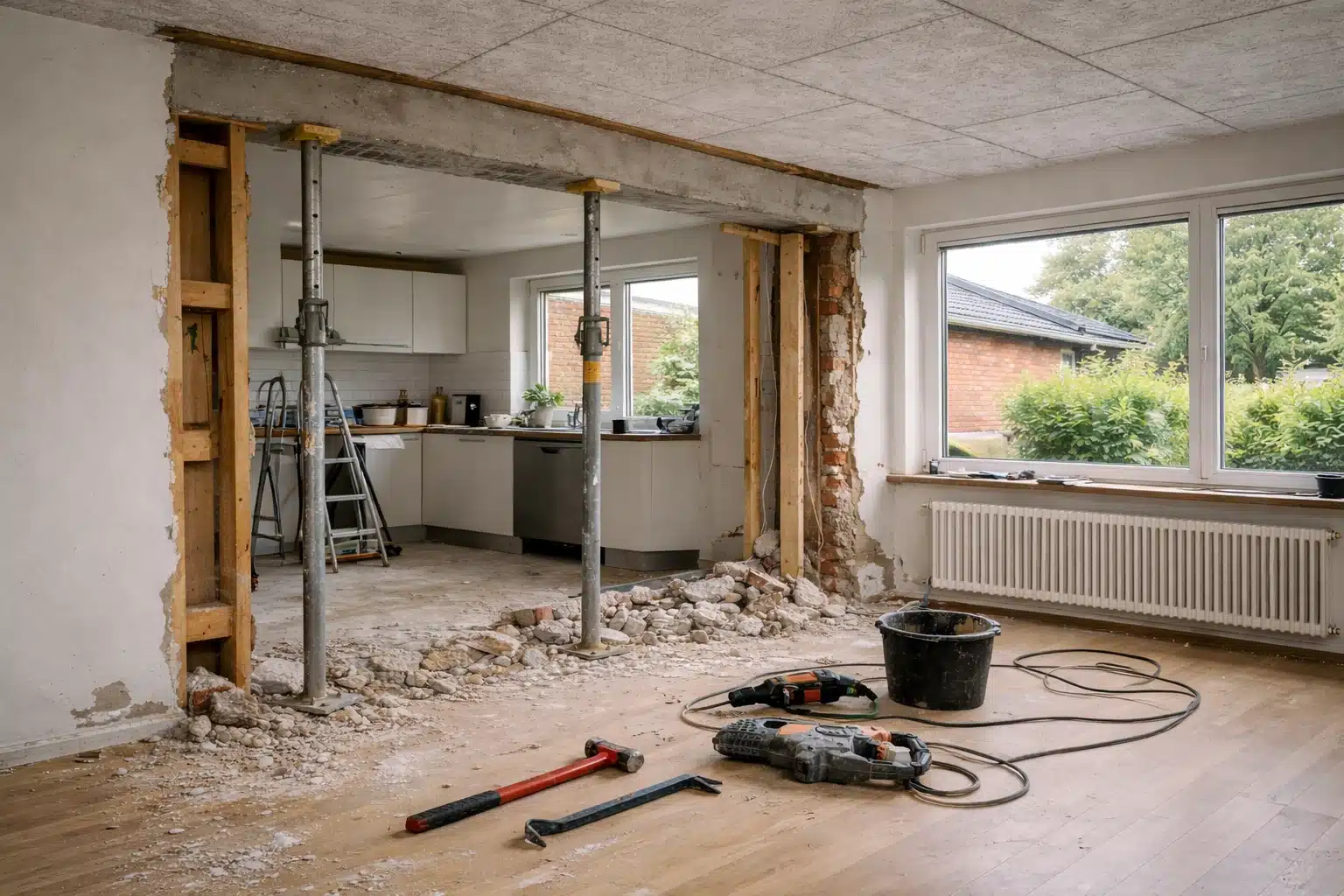 Horisontalt foto af en dansk 1970’er-villa under renovering, hvor en bærende væg mellem køkken og stue er delvist nedrevet med synlige bjælker, midlertidig understøtning og byggeaffald.