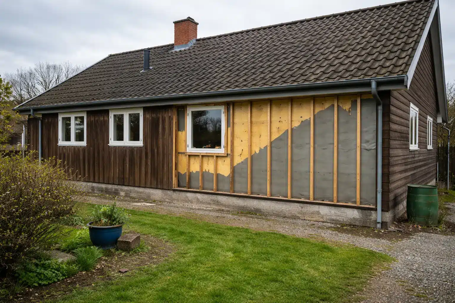 Foto af et dansk enfamiliehus med træfacade under renovering. En del af træbeklædningen er fjernet, så lægter og vindspærre er synlige. Huset fremstår autentisk og beboet, fotograferet i naturligt dagslys under overskyet himmel.