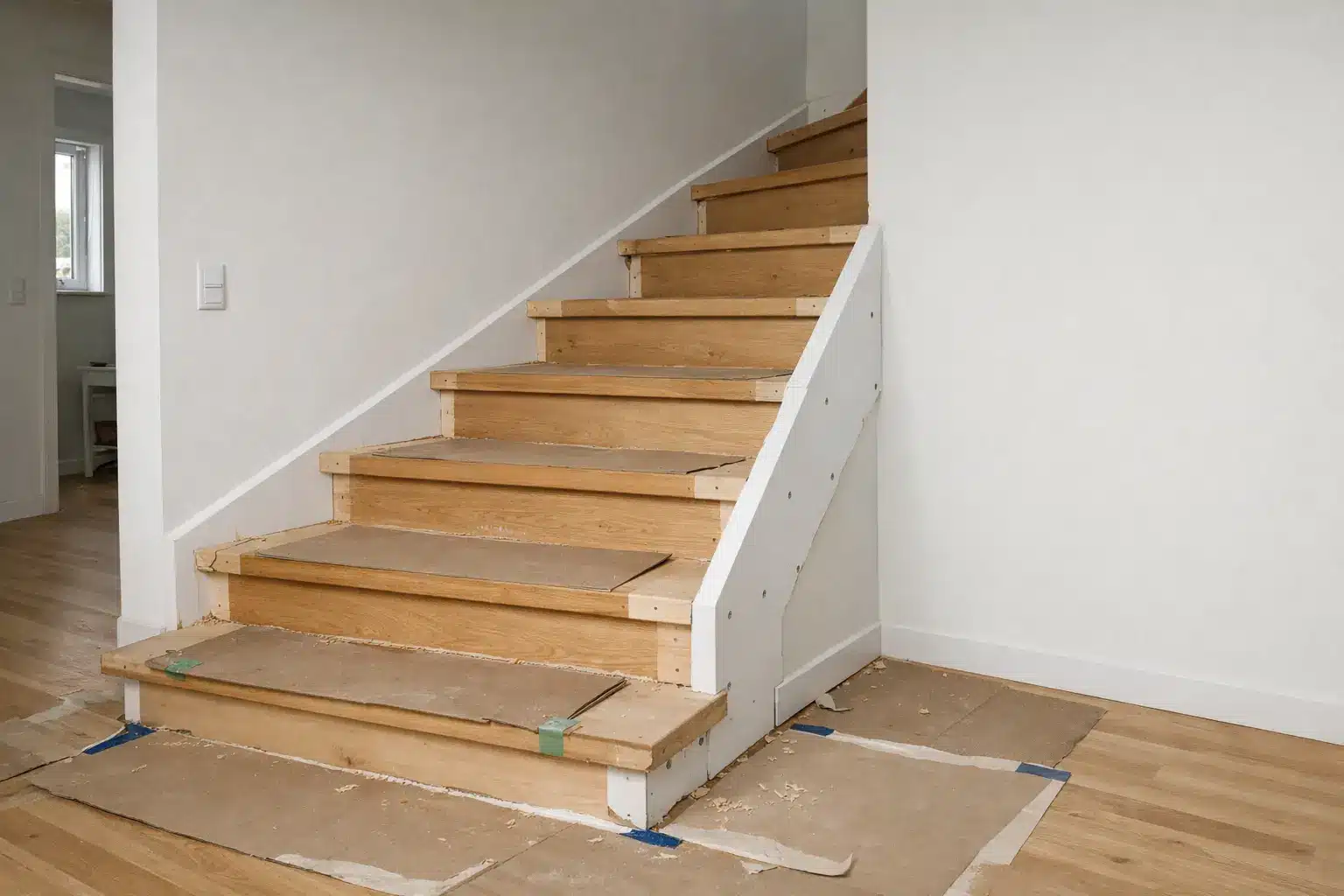 Foto af trappereovering i dansk parcelhus med klassisk trætrappe, lyse egetrin, hvid væg og synlige montage-detaljer under renovering.