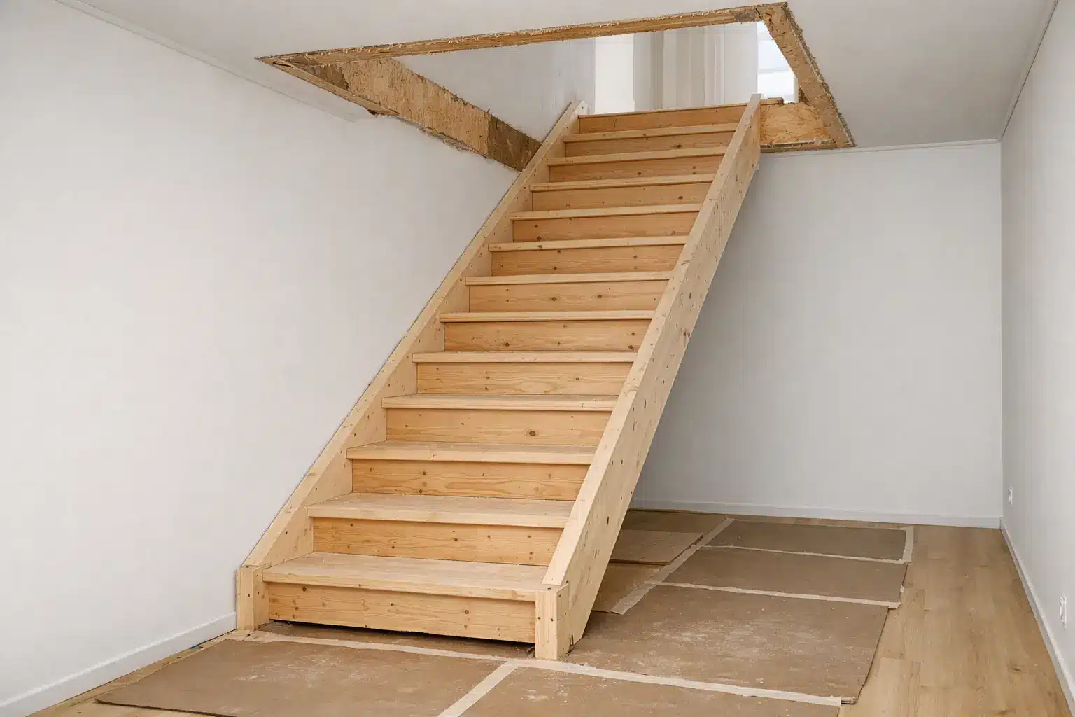 Foto af indendørs trapperenovering i dansk parcelhus: ufærdig trætrappe/trappeopgang med rå trin, synlige skruer og åbning til 1. sal, gulv beskyttet med pap og hvide vægge.