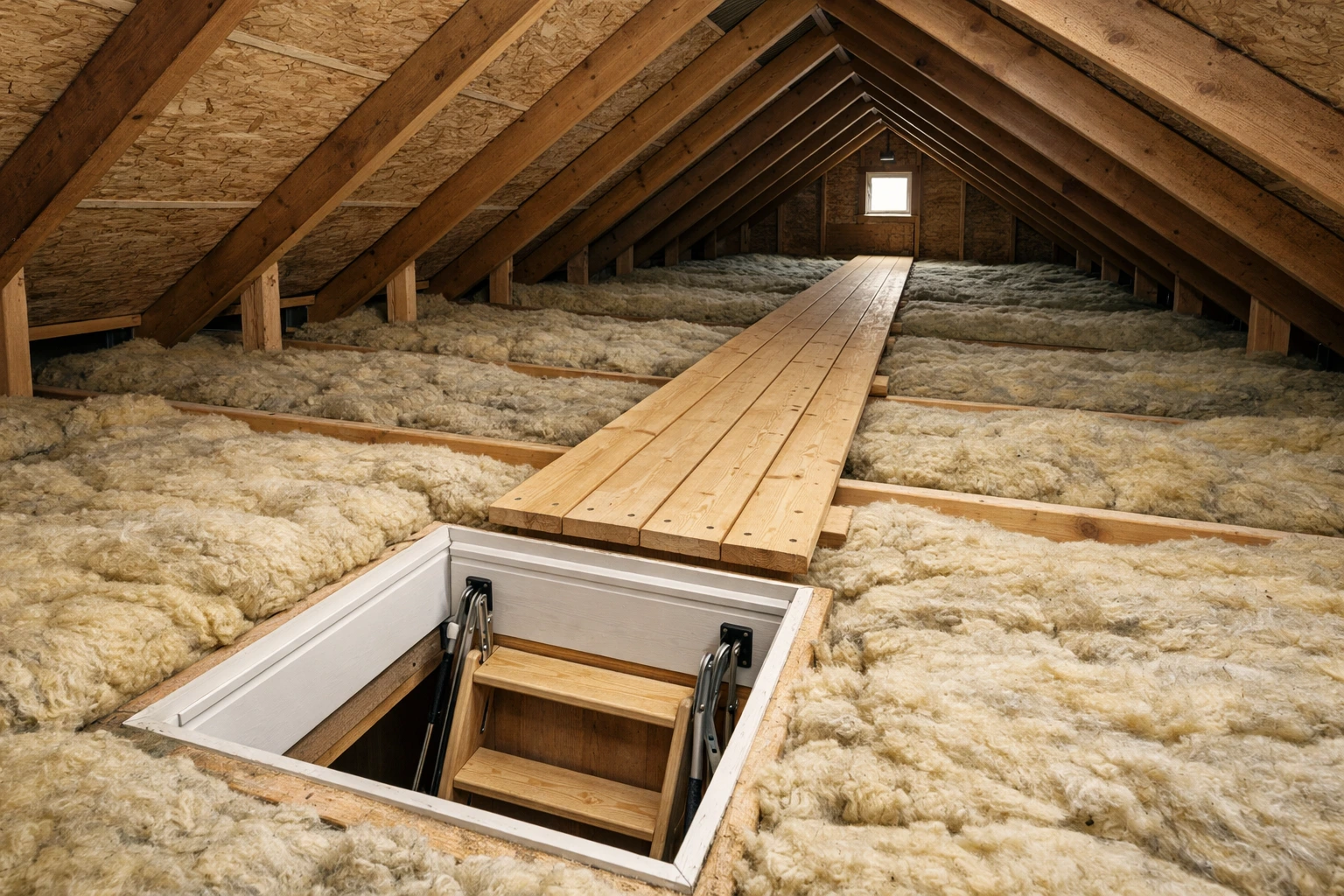 En smal planke ligger direkte på mineraluld og trykker isoleringen flad (typisk fejl). Åben loftlem med hvid karm.