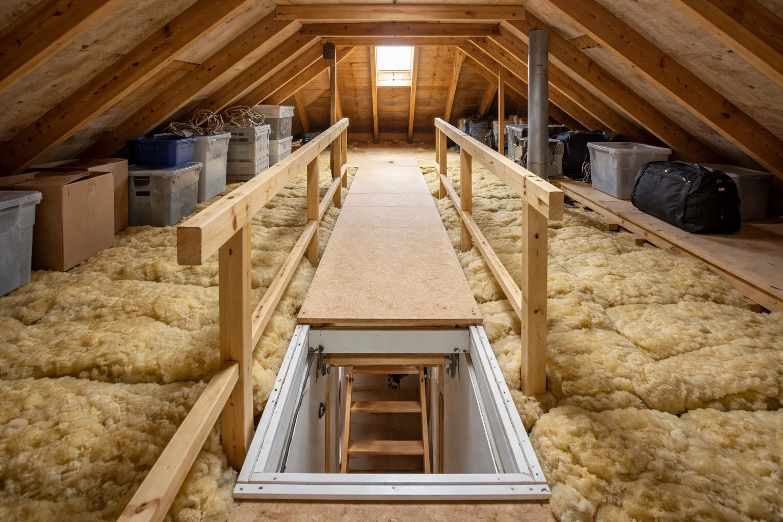 Foto af et dansk loft med hævet gangbro over tyk mineraluldsisolering og åben loftlem med hvid karm og synlig loftstige.