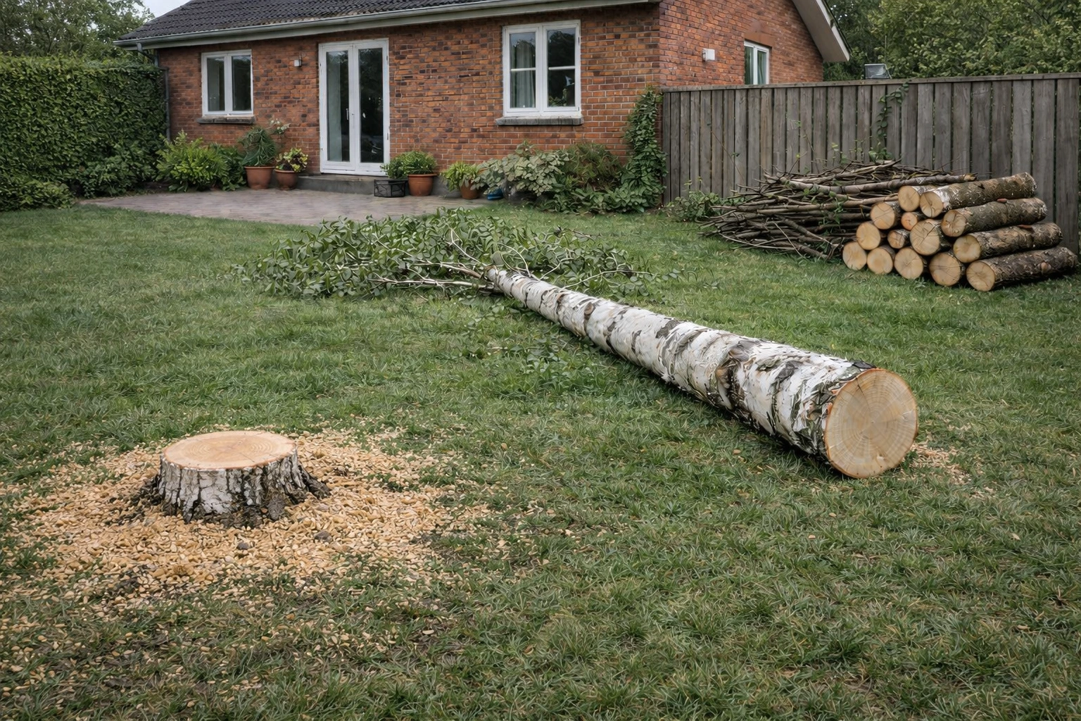 Foto af dansk villahave efter fældning af birketræ: lille frisk træstub med årringe og savsmuld på kort grønt græs, fældet birkestamme med grene samt stablede brændekævler ved træhegn foran rødstenshus med hvide vinduer i blødt overskyet dagslys.