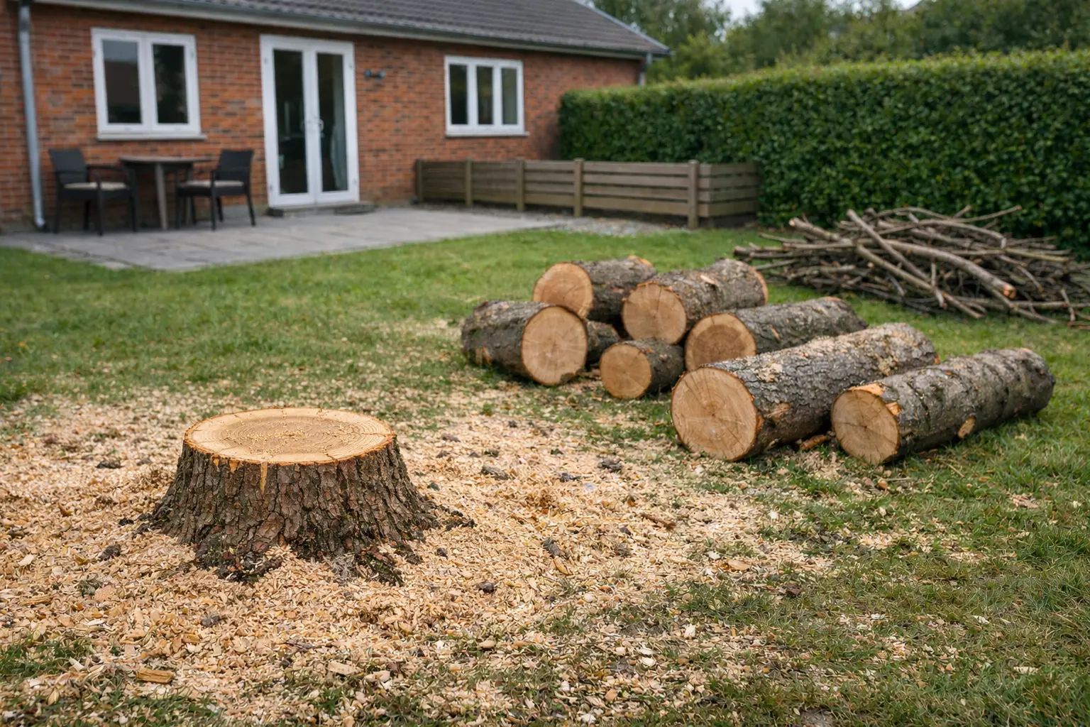 Foto af dansk villahave efter træfældning: lille frisk træstub med tydelige årringe og savsmuld på græsplæne, afsavede træstammer i forskellige diametre og bunke grene foran rød murstensvilla med hvide vinduesrammer, hæk og terrasse i gråt stenbelægning i blødt overskyet dagslys.