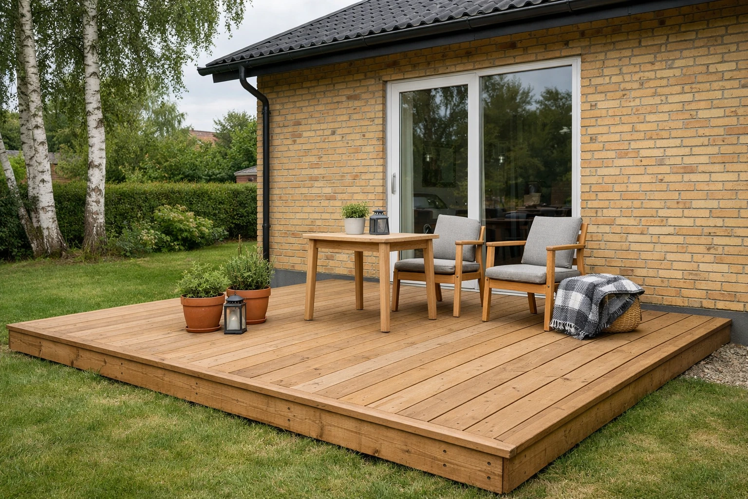 Dansk parcelhushave med ny træterrasse foran gult murstenshus, bord, to stole og krukker.