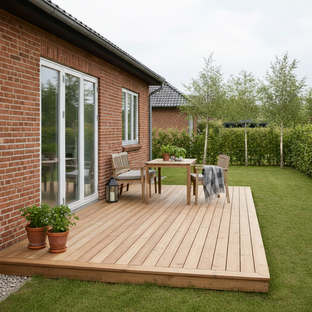 Moderne dansk baghave. En nylagt træterrasse i lyst naturtræ støder op til et rødstenshus med hvide vinduesrammer og en stor glasdør. På terrassen står minimalistiske nordiske havemøbler med grå hynder, et plaid, en lanterne og lerkrukker med krydderurter. Haven har en velplejet græsplæne indrammet af en hæk og slanke birketræer under en lys, overskyet sommerhimmel.