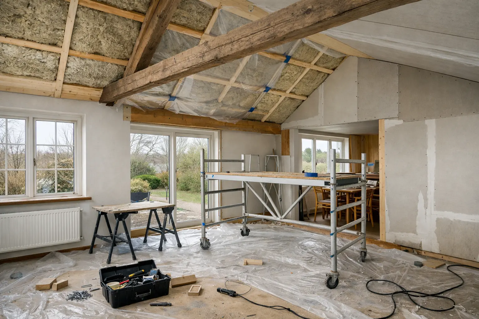Ultrarealistisk, dokumentarisk interiørfoto af en stue/køkken-alrum i et dansk parcelhus under loft-til-kip-renovering: skrå tagflader med fritlagte træbjælker, synlig mineraluld mellem spærene, delvist monteret dampspærrefolie med synlig tape og ufærdige gipsplader. På gulvet ligger byggeplast, støv, skruer, træklodser, en åben værktøjskasse og et kabel til en arbejdslampe; ved vinduerne ses radiator og en overskyet have udenfor.
