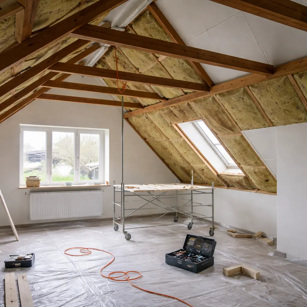 Ultrarealistisk interiørfoto af en dansk loft-til-kip-renovering: skrå tagflader med synlig mineraluld mellem spærene, fritlagte træbjælker og delvist monterede gipsplader. En arbejdsplatform på hjul står midt i rummet over gulv dækket af byggeplast, med en åben værktøjskasse, træklodser og en orange forlængerledning på gulvet; dagslys kommer ind fra et hvidt vindue med radiator under samt et tagvindue.