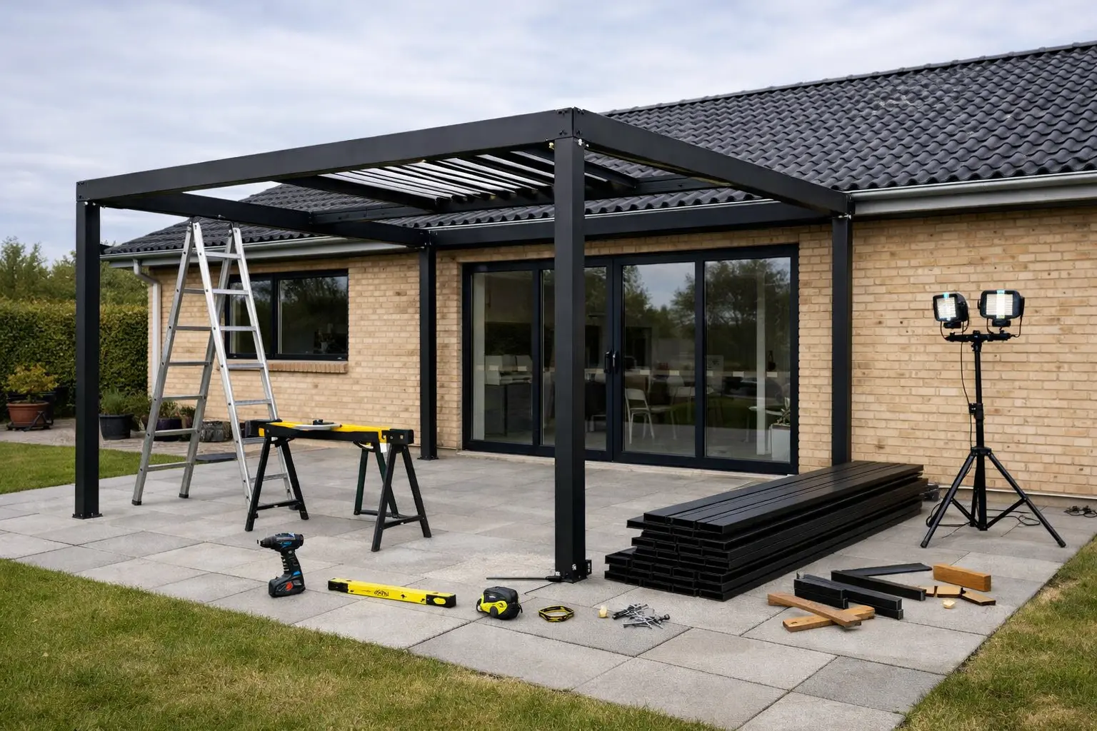 Dansk murstensvilla med sort alu-pergola under opbygning, lameller og værktøj på terrasse med betonfliser.