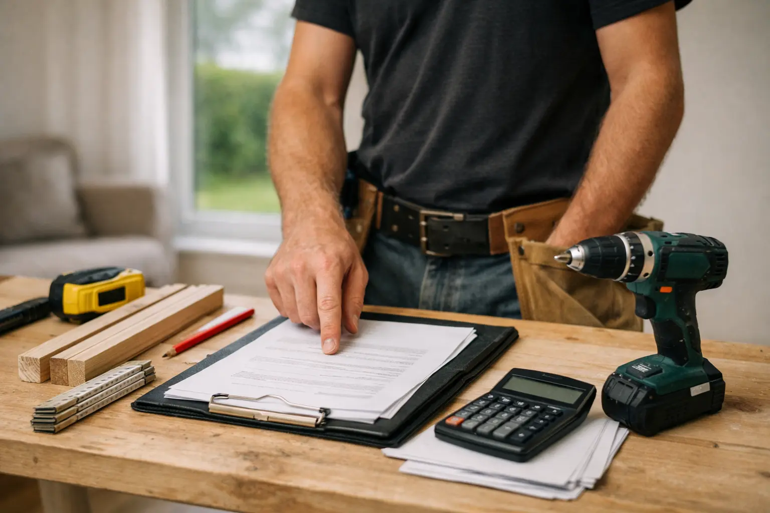 Foto af tømrer i dansk stue under renovering, der gennemgår tilbud/kontrakt ved arbejdsbord med værktøj og lommeregner.