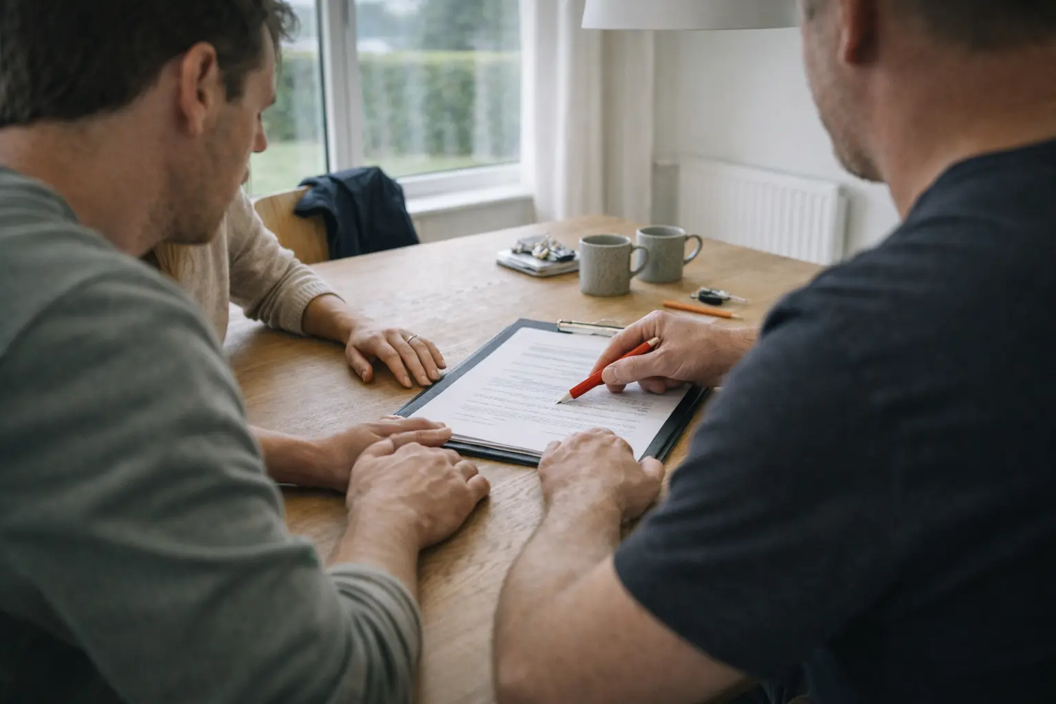 Dokumentarfoto af dansk par og tømrer ved egetræsspisbord, der gennemgår tilbud på tømrerarbejde med målebånd og tommestok.