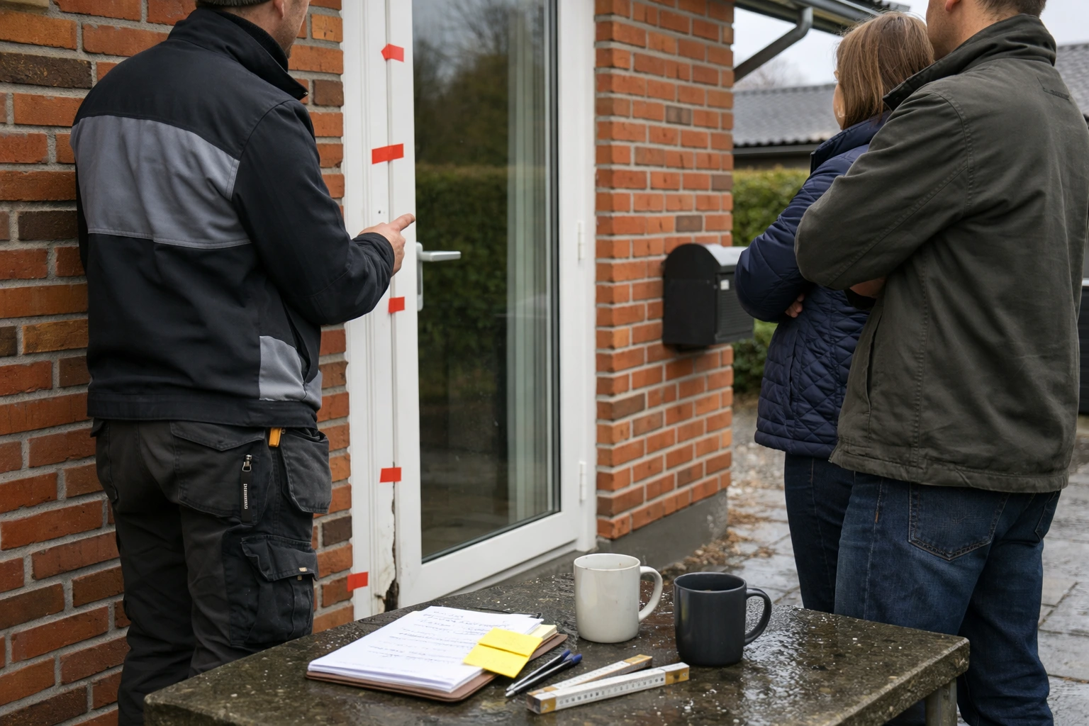 Dokumentarfoto af mangelsgennemgang ved terrassedør på dansk 70’er-parcelhus med tømrer, rød malertape og notater.