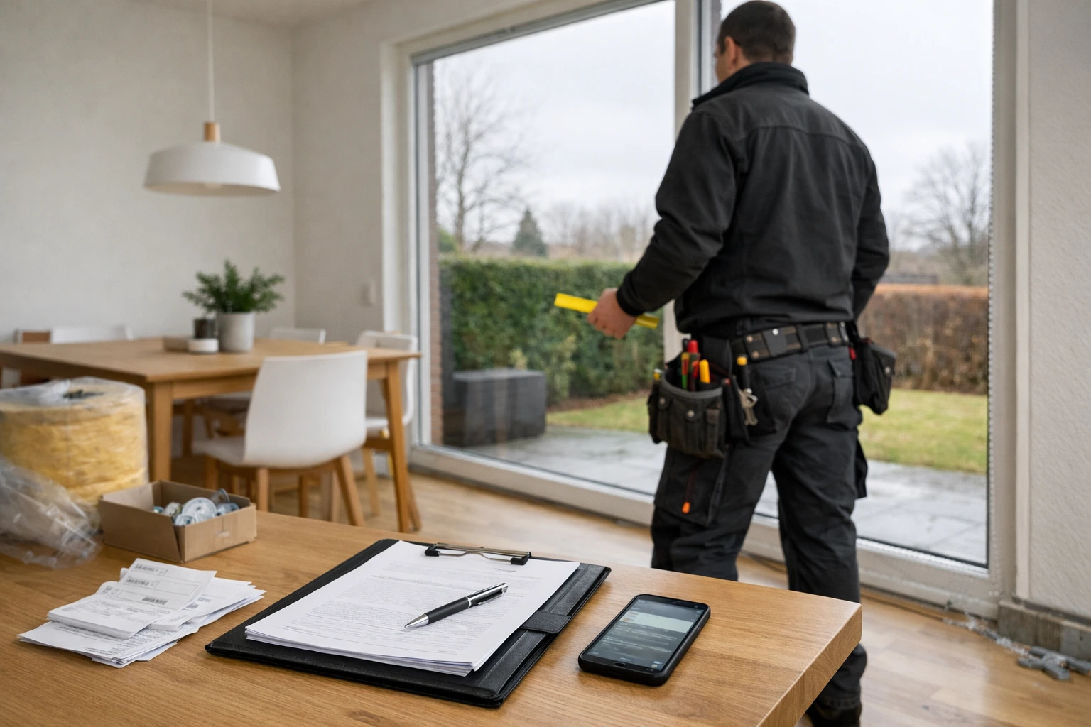 Dansk håndværker måler stort vinduesparti i moderne parcelhus ved energirenovering/boligforbedring, med clipboard og kvitteringer på bord.