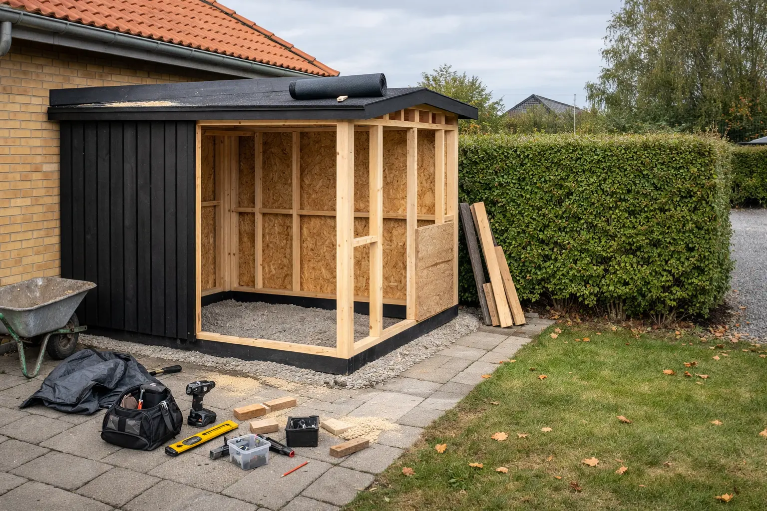 Foto af dansk parcelhushave med redskabsskur under opførelse ved flisegang, tagpap og værktøj.