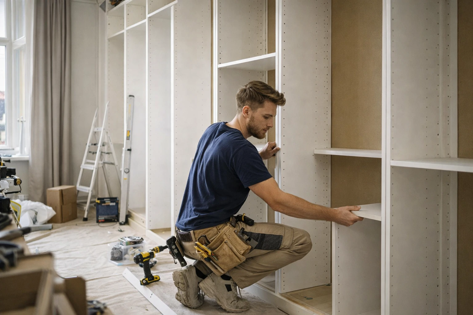 Yngre tømrer montererer indbygningsskab i dansk soveværelse – opsætning af indbyggede skabe med værktøj og skabsmoduler