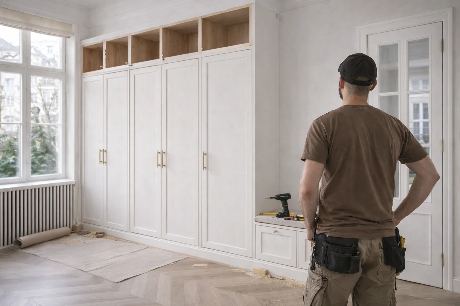 Eksklusiv dansk entré med næsten færdigt indbygningsskab i off-white, hvor en tømrer inspicerer opsætningen – sildebensgulv, højt lysindfald og klassiske detaljer.