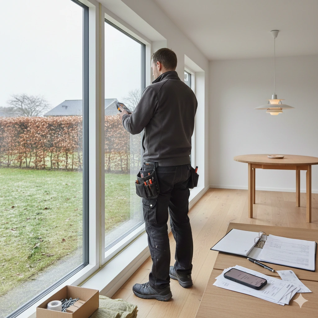 Dansk håndværker måler vinduer i moderne parcelhus ved energirenovering/håndværkerfradrag, med værktøjsbælte, kvitteringer og clipboard.