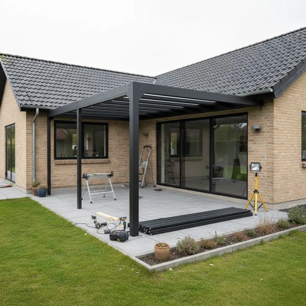 Moderne sort aluminiums-pergola under opbygning på en fliseterrasse foran en klassisk dansk etplansvilla i lyse mursten.
