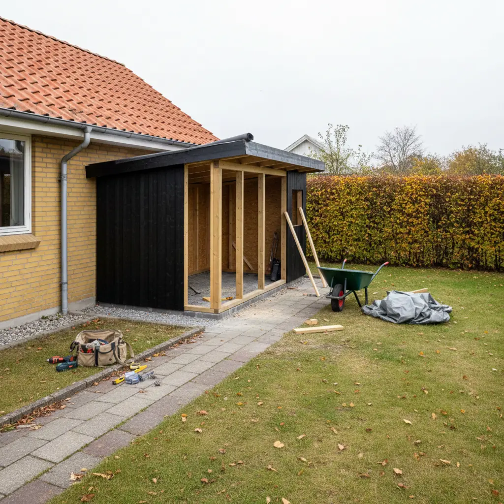 Foto af redskabsskur under opførelse ved dansk parcelhus, med værktøj og trillebør i haven.