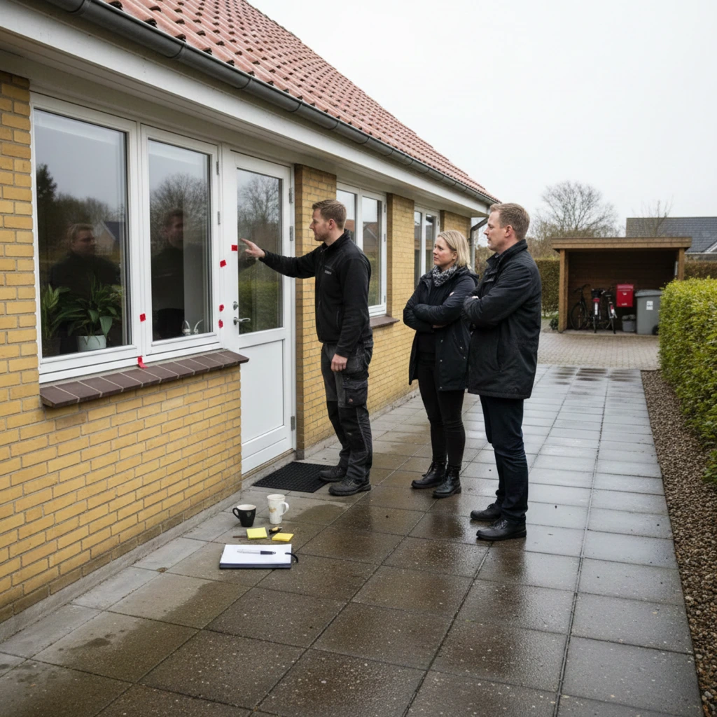 Håndværker i samtale med et par foran et gult murstenshus, hvor han gennemgår vinduer og døre til renovering.