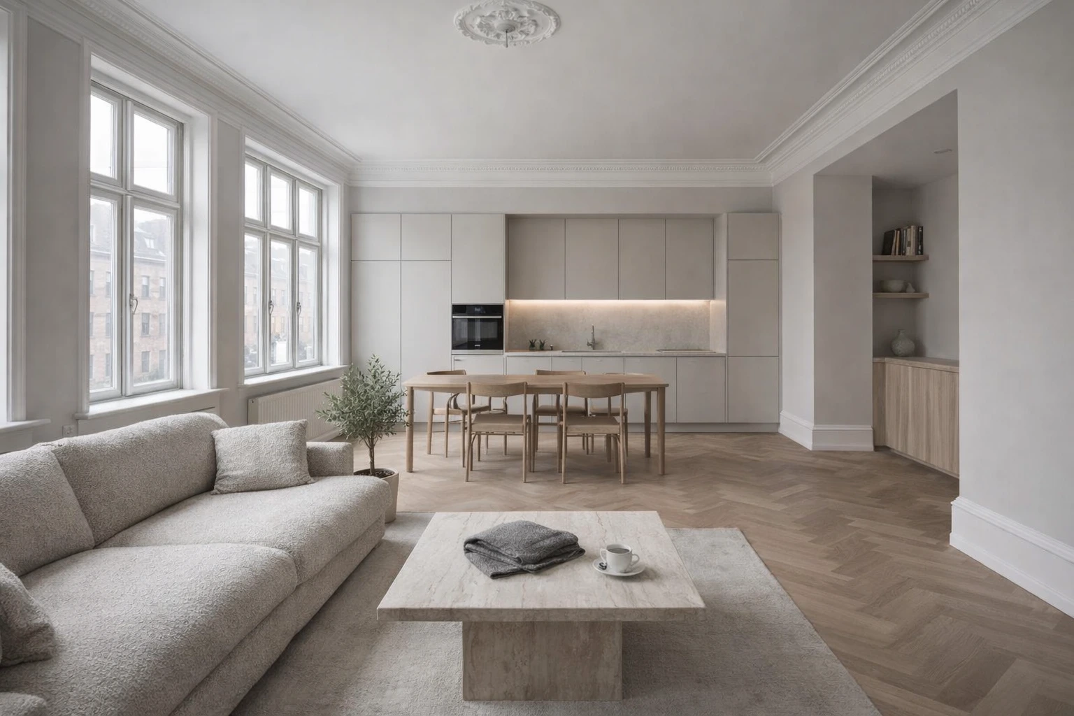 Lys, nyrenoveret københavnerlejlighed med åbent køkken-alrum, dannebrogsvinduer, stuk, sildebensgulv i eg og minimalistisk nordisk indretning.