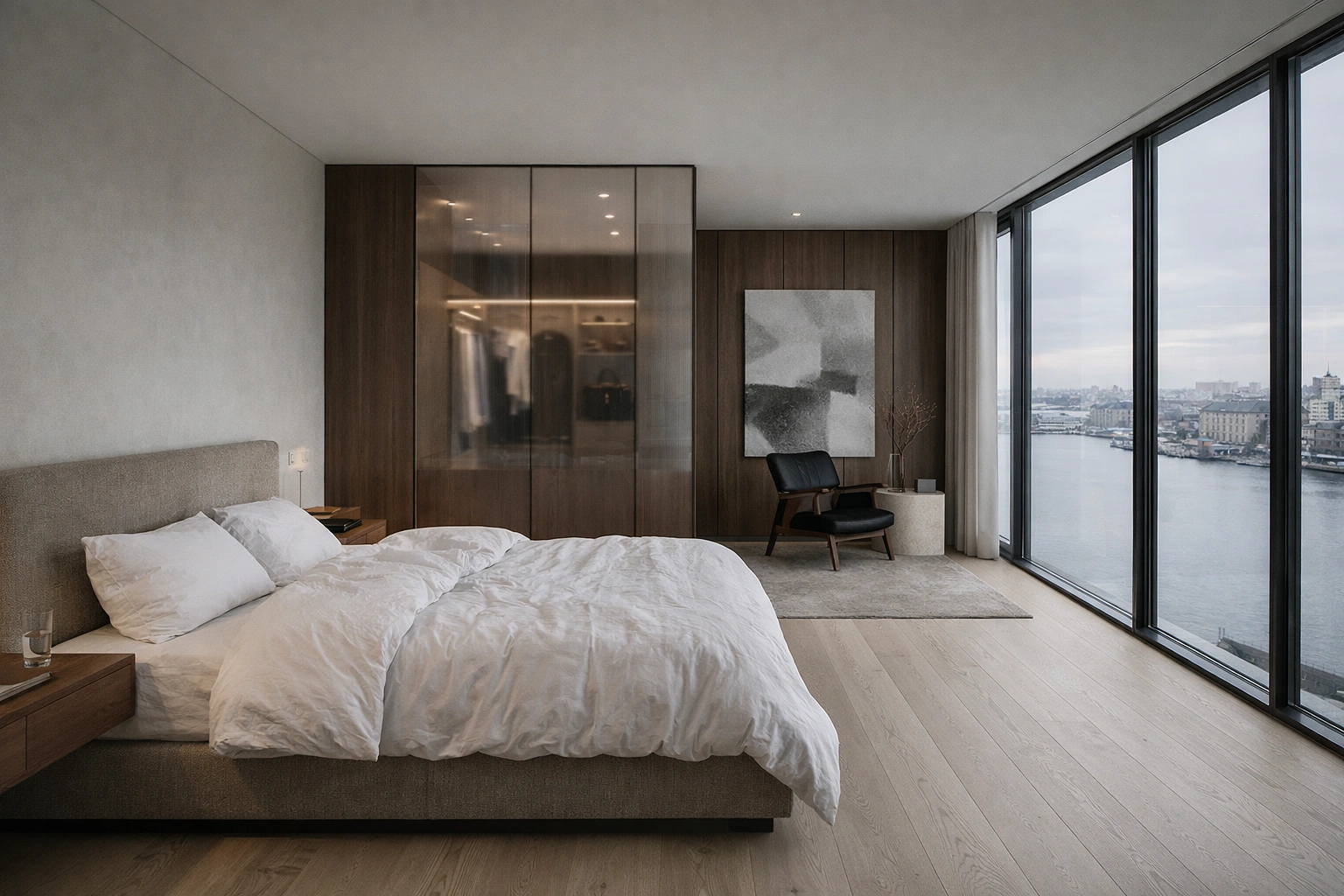 Moderne master bedroom i penthouse på Islands Brygge med gulv-til-loft vinduer, havneudsigts, lyse gulve og valnøddepaneler.