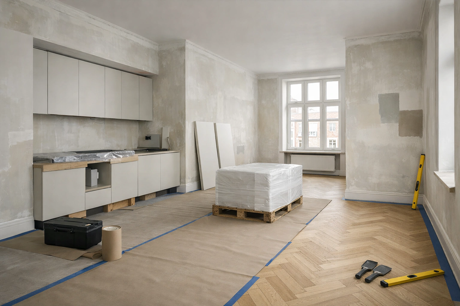 Totalrenovering af lejlighed med sildebensparket og minimalistisk køkken.