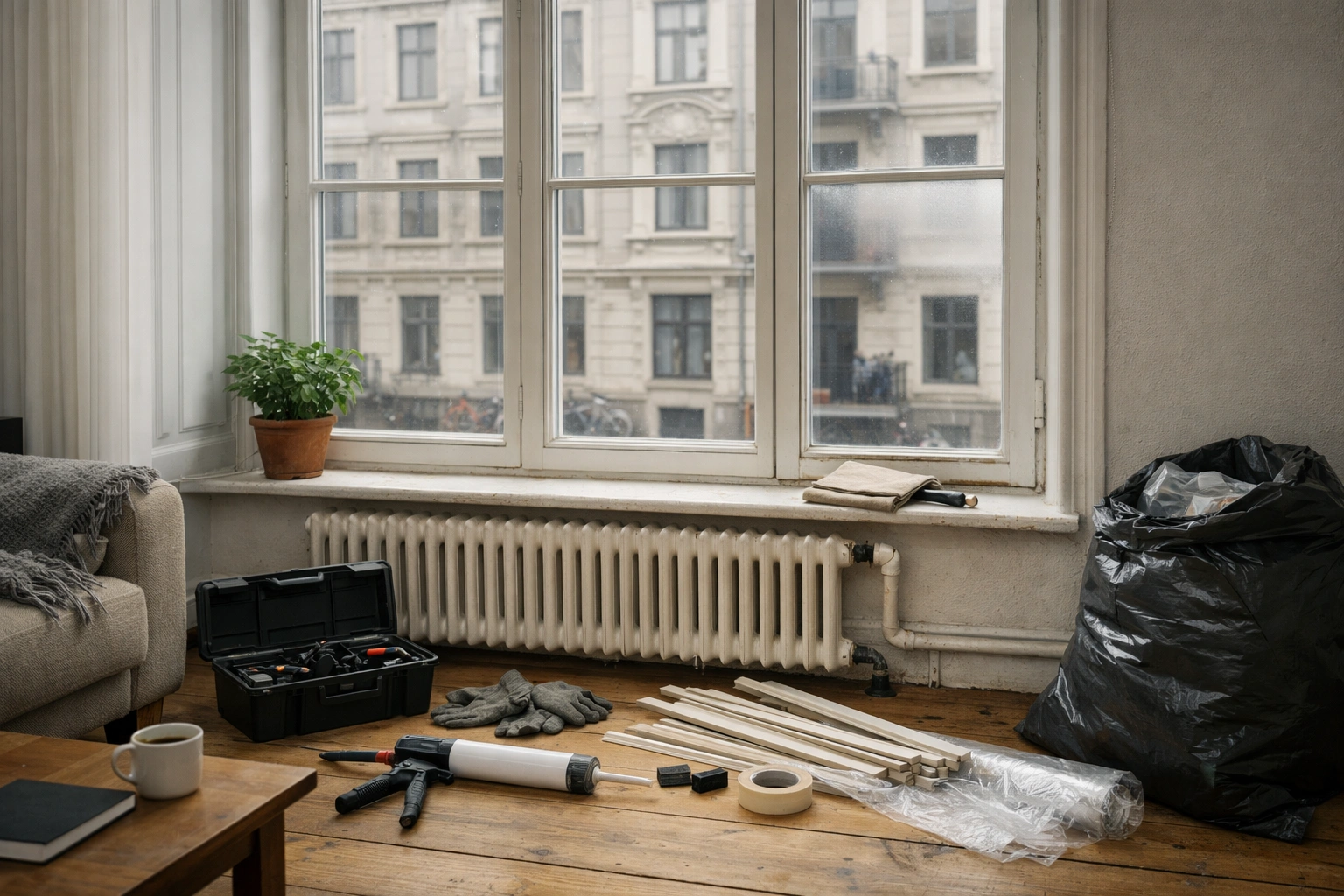 Glarmesterarbejde i klassisk københavnerlejlighed: dannebrogsvindue med nye energiruder, radiator under vinduet og værktøj på plankegulv efter udskiftning af punkteret rude.