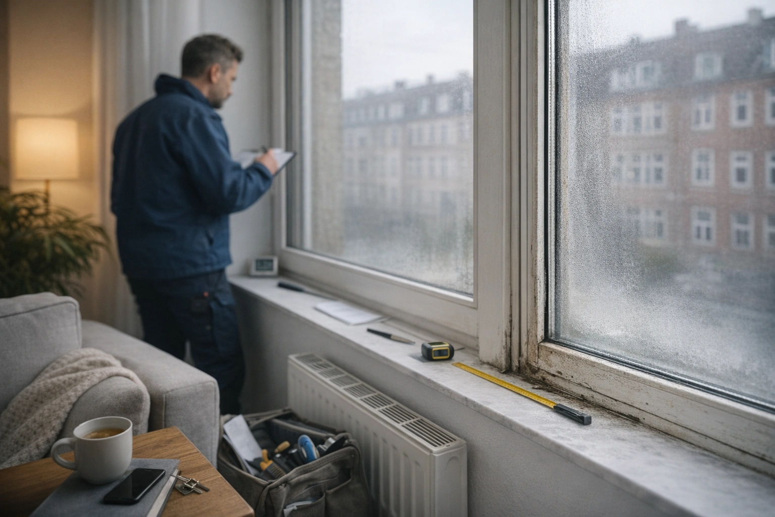 Kondens mellem glassene i punkteret termorude i stuevindue – glarmester vurderer om der skal skiftes ruder eller hele vinduet.