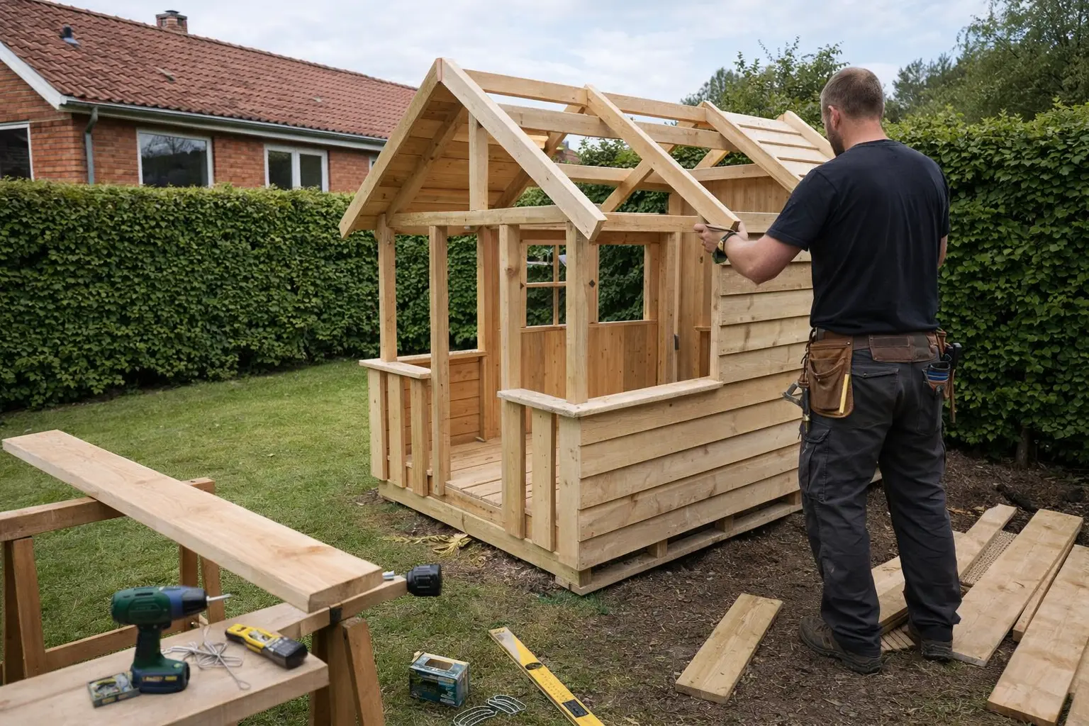 Tømrer bygger specialbygget legehus i træ i dansk parcelhushave, ramme og delvis beklædning synlig.