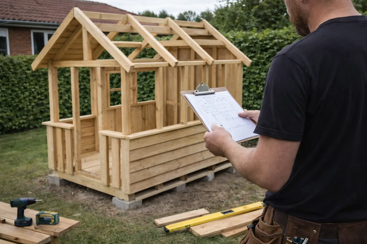 Tømrer ser på clipboard ved specialbygget legehus under opførelse i dansk have, naturligt lys og realistiske materialer.