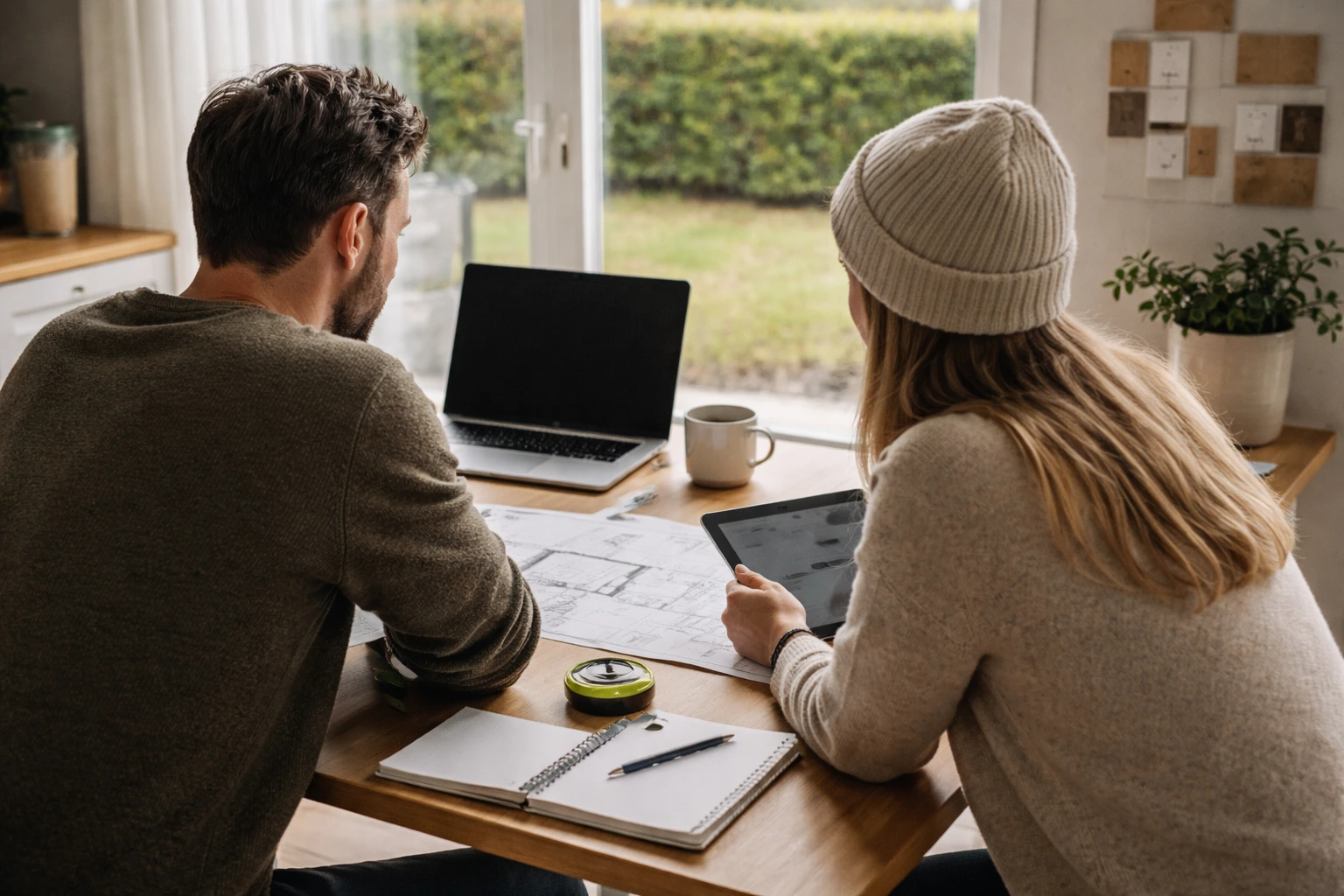 Dansk par i lyst nordisk køkken, set bagfra, der planlægger totalrenovering ved spisebord med plantegninger, målebånd, notesbog og kaffekopper