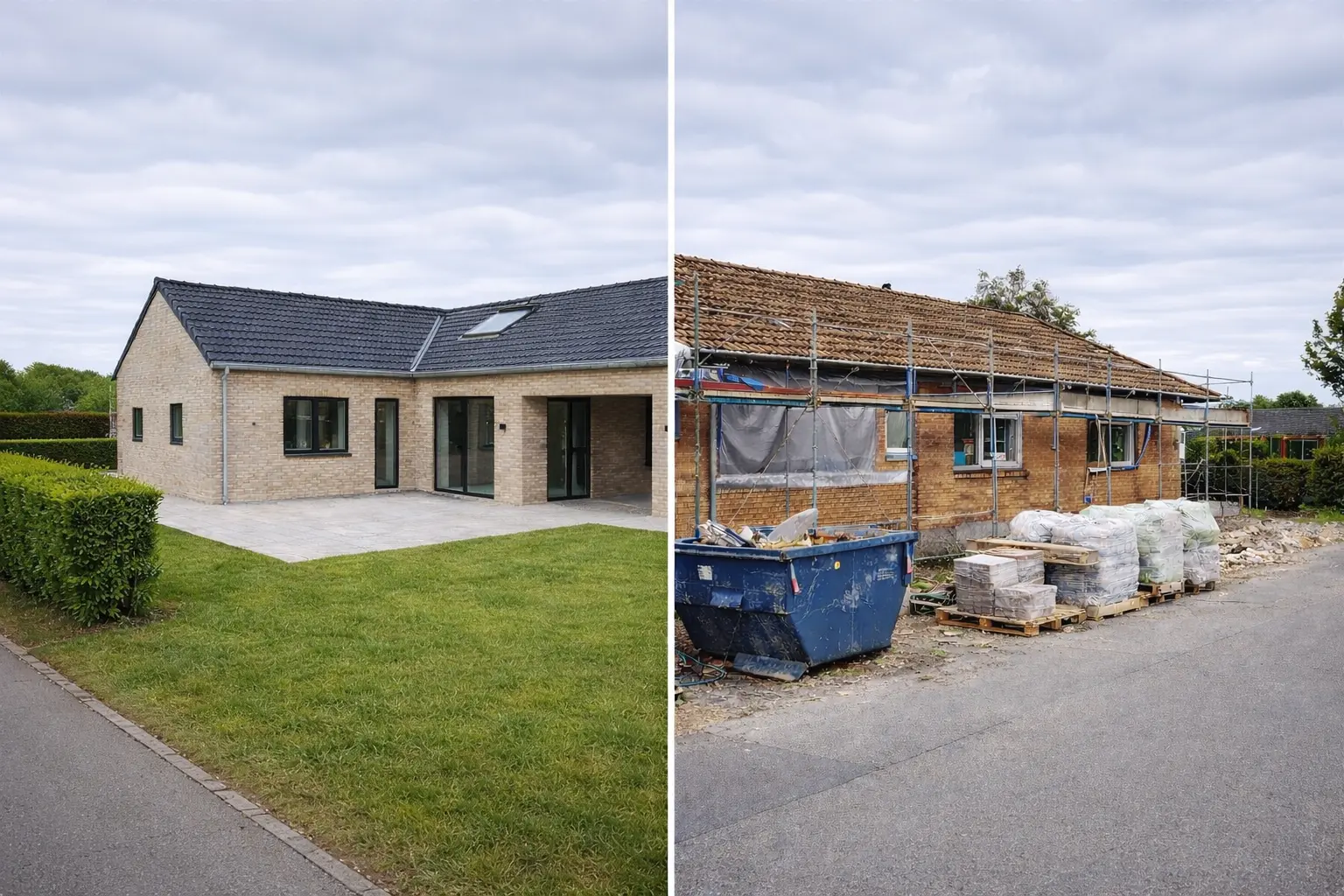 Nybyg parcelhus vs totalrenovering af 60/70’er hus i Danmark (split-screen).