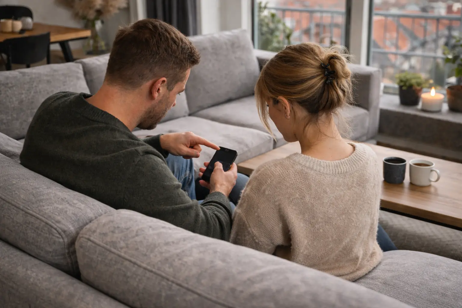 Foto af et moderne københavnerpar i en lys lejlighed i København, der sidder på en grå sofa og undersøger nybyg vs. totalrenovering af parcelhus.