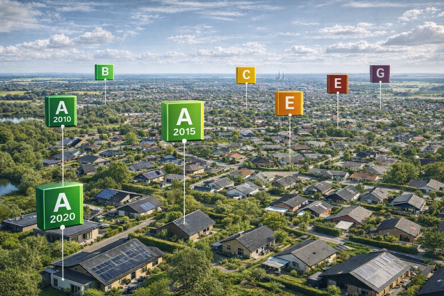 Dronefoto af dansk parcelhuskvarter med hække, carporte og haver i sommerlys, hvor ni 3D energimærke-bokse svæver over udvalgte hustage.