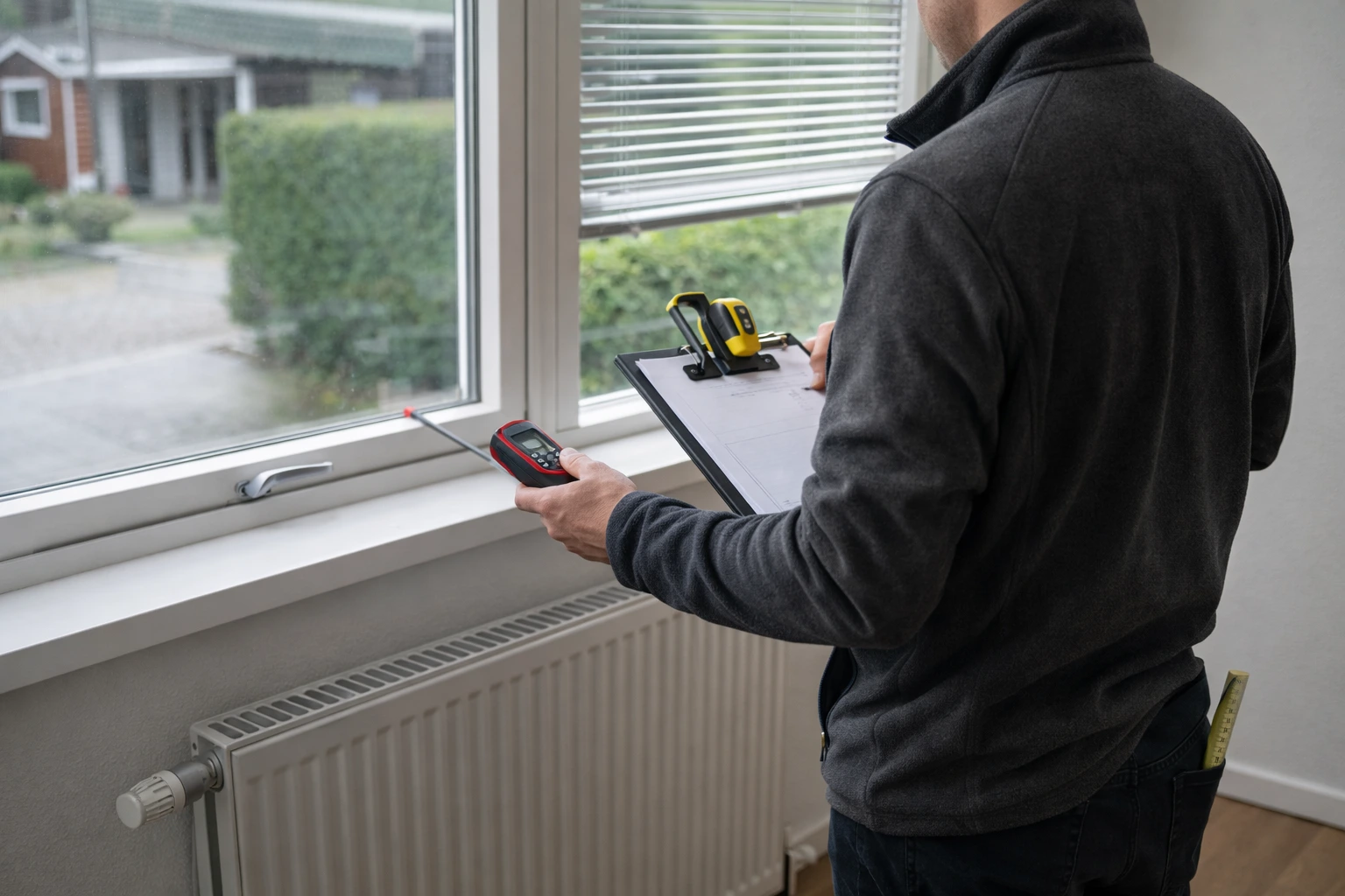 AI-skabt, fotorealistisk billede af dansk energikonsulent, set bagfra, der udfører energimærkning i et typisk dansk parcelhus fra 1970’erne. Konsulenten måler ved vindue og radiator med laserafstandsmåler og håndholdt måleudstyr i naturligt dagslys – illustrerer energitjek, varmetab og boliginspektion.