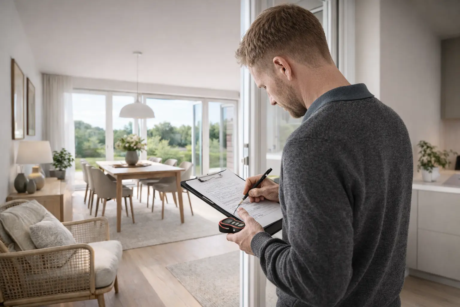 Indendørs i moderne dansk parcelhus hvor en energikonsulent set bagfra skriver på clipboard under energigennemgang ved store vinduer.