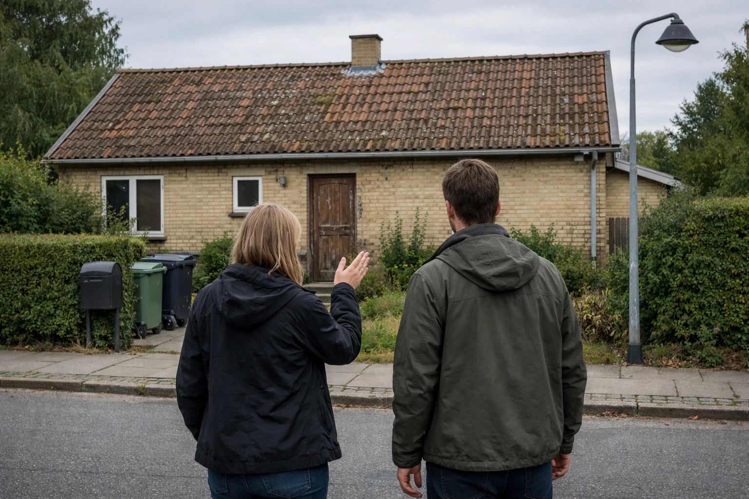 Unge dansk par set bagfra vurderer ældre gul murstensvilla med tegltag i dansk villakvarter – huskøb og mulig nedrivning.