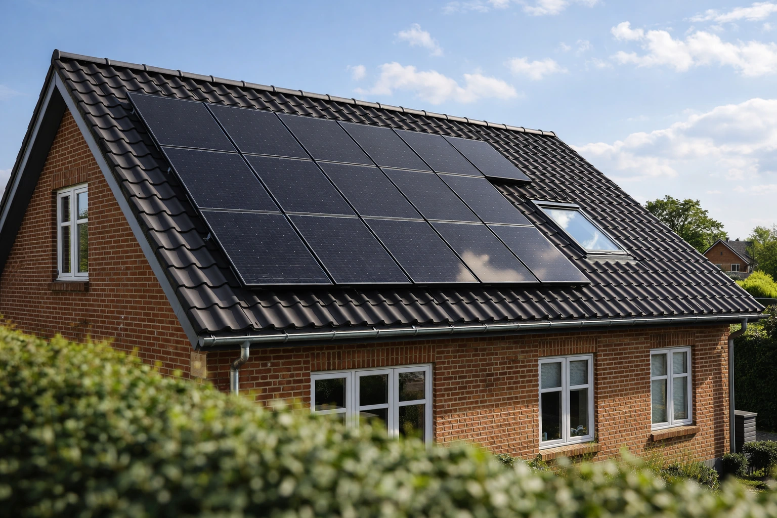 Dansk parcelhus på Sydsjælland med solceller på taget på en solrig dag