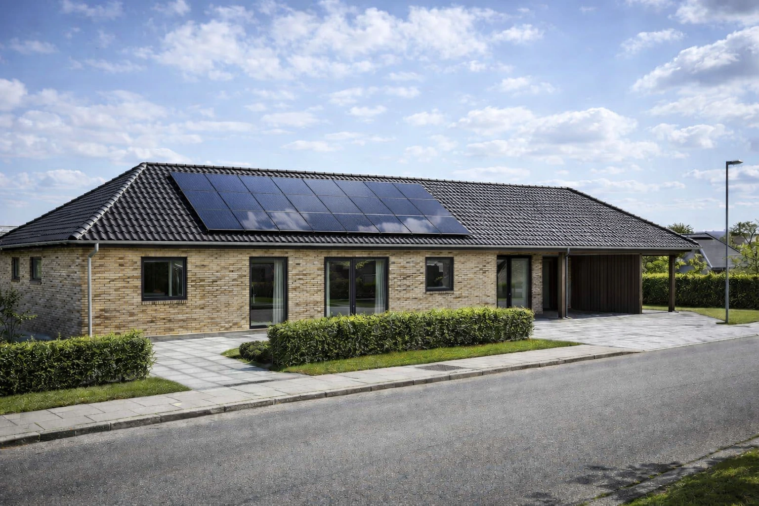 Nybygget dansk etplans parcelhus i Nordsjælland med sort sadeltag og stort solcelleanlæg set fra villavej med fortov og asfalt.