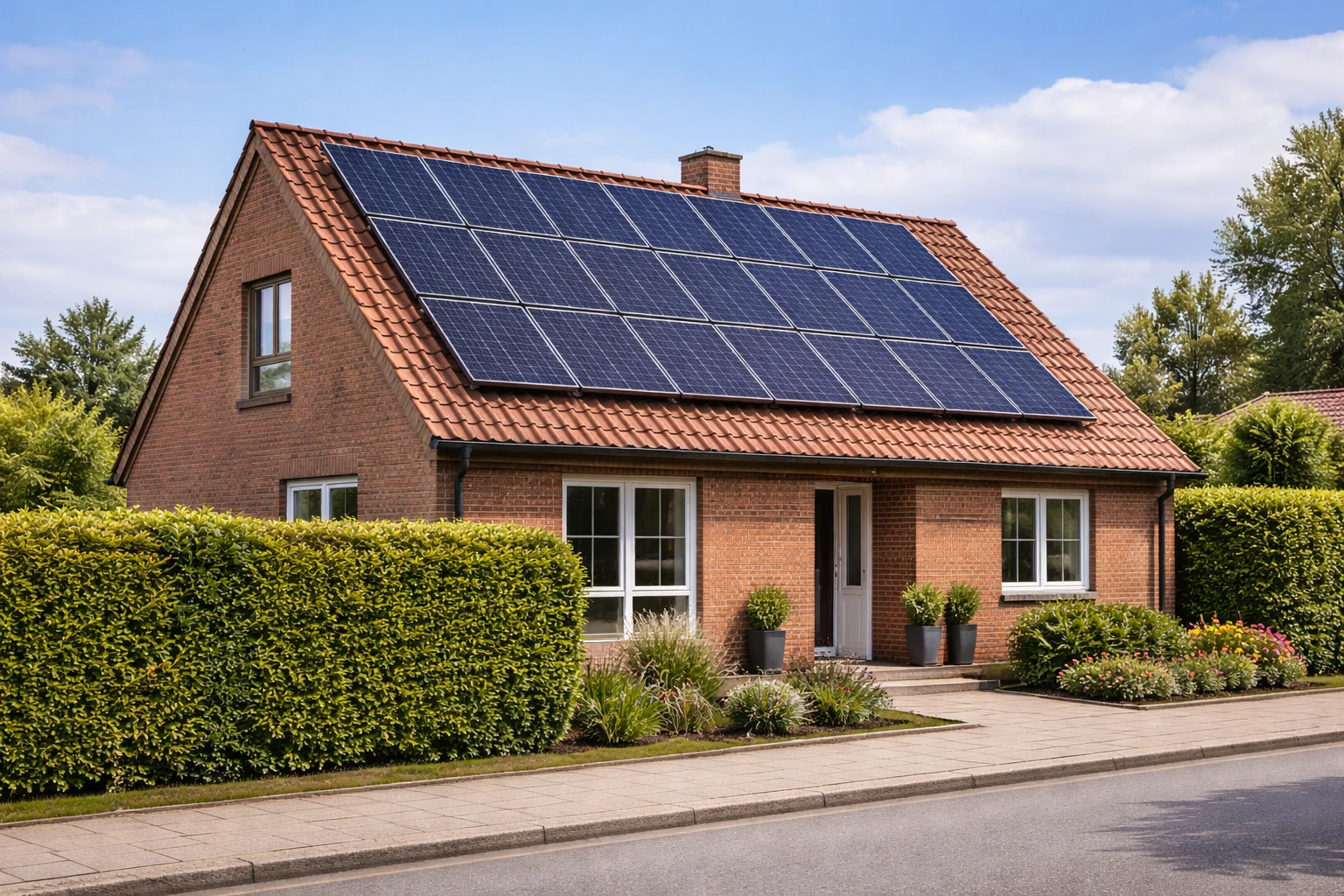 Energirenoveret dansk parcelhus med solceller på rødt tegltag og grøn hæk langs dansk villavej