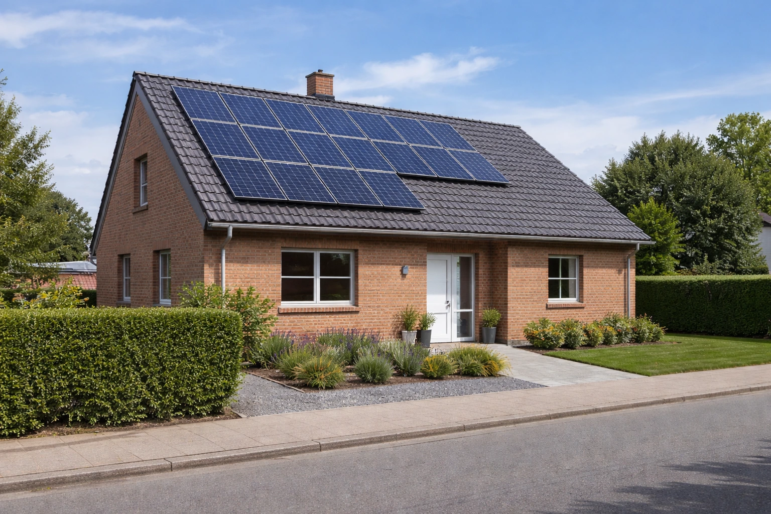 Moderne dansk villa med solceller på sort tegltag placeret på rolig villavej med fortov og velplejet forhave