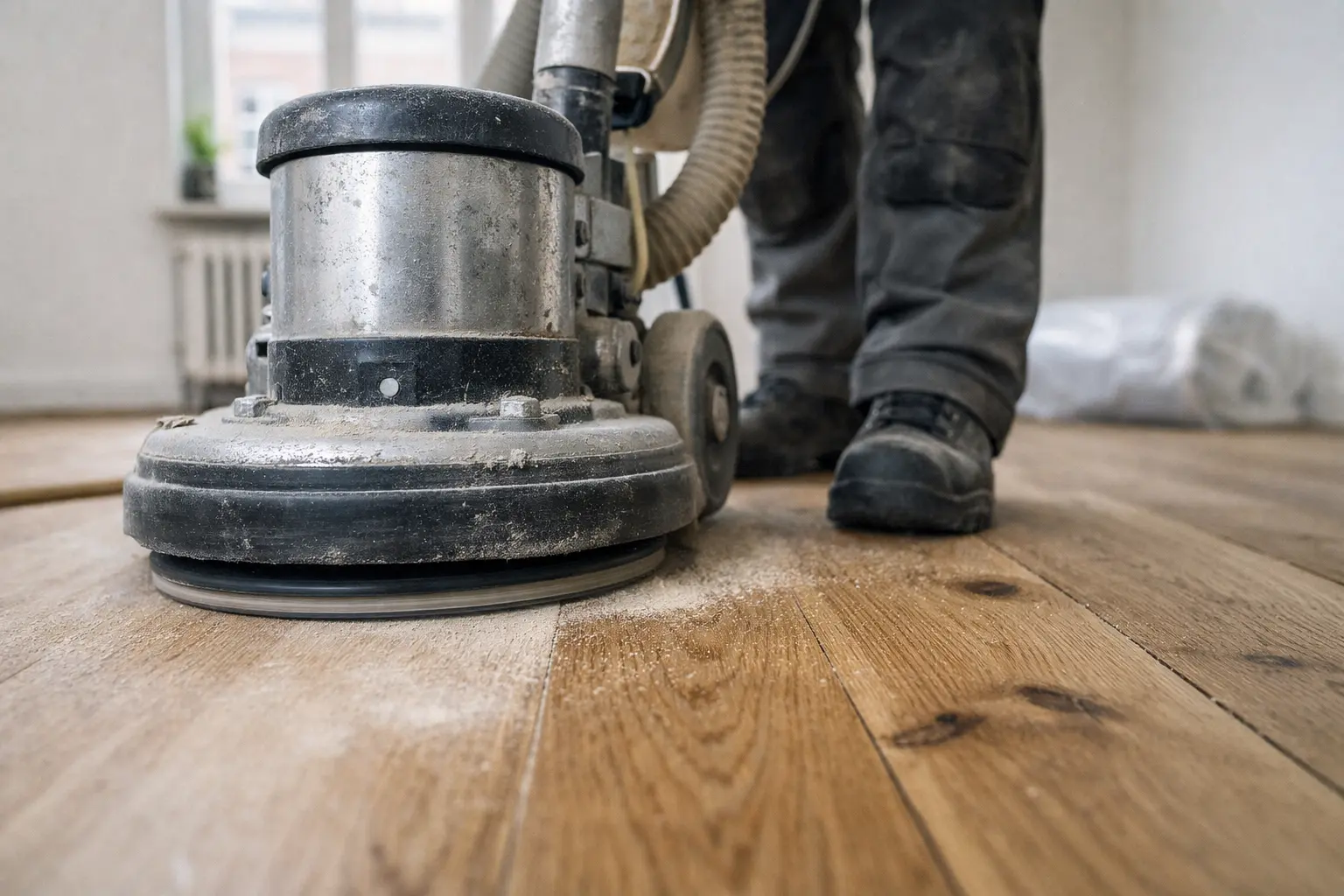 Nærfoto af professionel gulvslibemaskine der sliber bredt plankegulv i moderne lejlighed, med gulvmandens ben og støv fra renovering i naturligt dagslys.