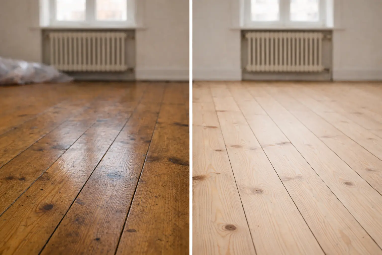 Split-screen før/efter gulvafslibning i moderne lejlighed – slidt gyldent plankegulv vs. nyslebet lyst trægulv.