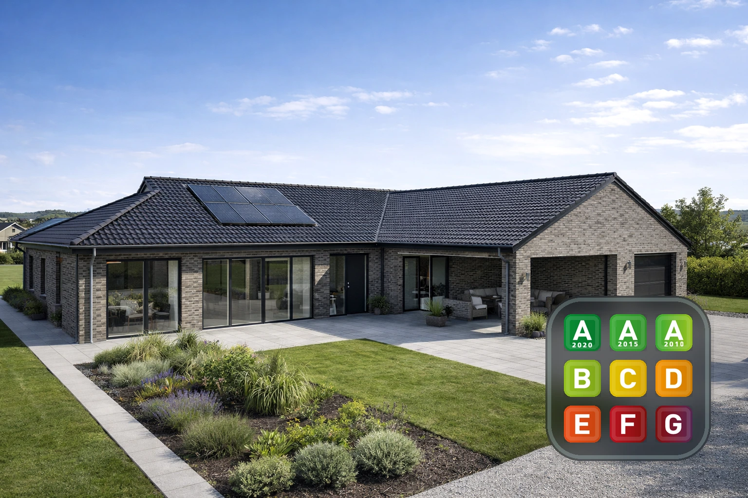 Moderne dansk nybygget parcelhus med solceller og energimærke-skala A2020 til G vist i et digitalt overlay